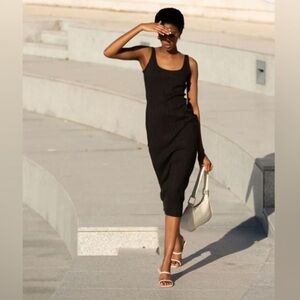 Zara Black Ribbed V-Neck Midi Dress Sleeveless Stretch Large